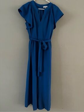 Calvin Klein Royal Blue Flutter-Sleeve Wide Leg Jumpsuit with Waist Tie